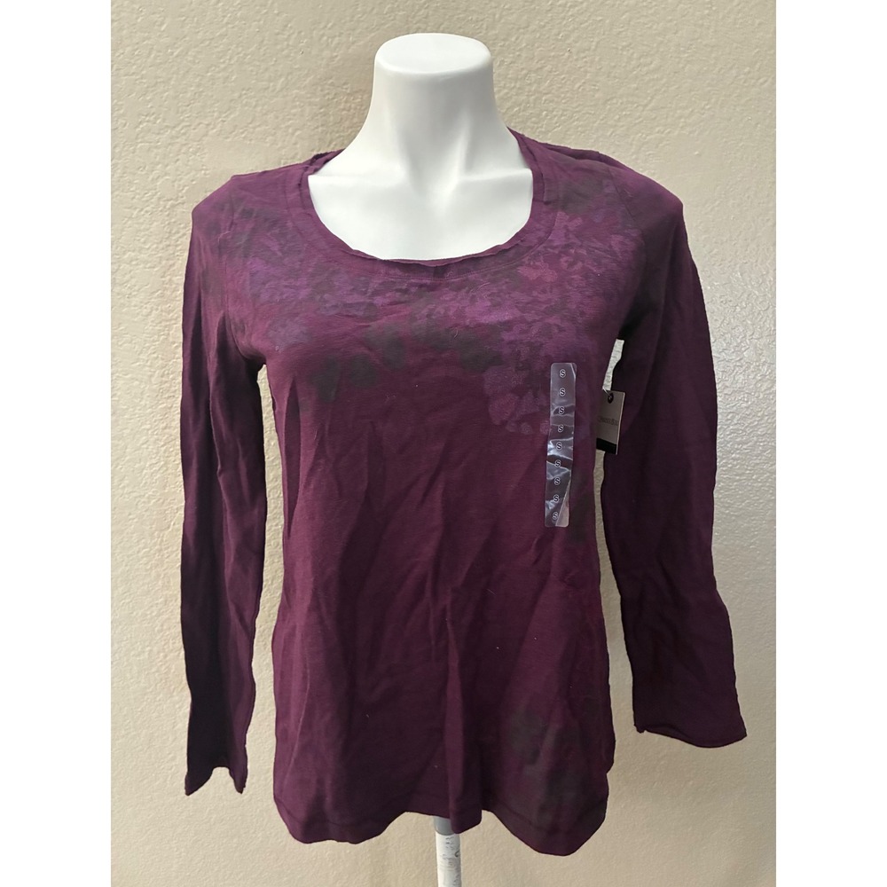 St Johns Bay Plum Purple Floral Graphic Long Sleeve Scoop Neck Tee Shirt Small